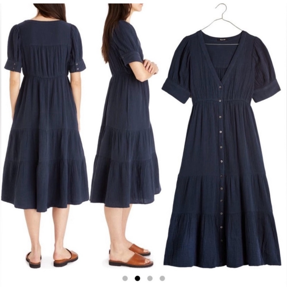 MADEWELL Lightspun Tiered Button Front Midi Dress in Dark Baltic